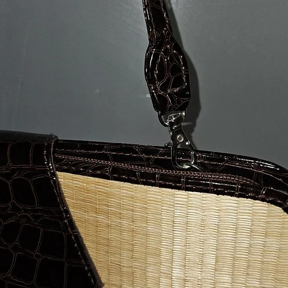 Le SAC Handmade Straw Dark Chocolate And Cream Ombre Handbag Detachable Strape - Picture 7 of 10